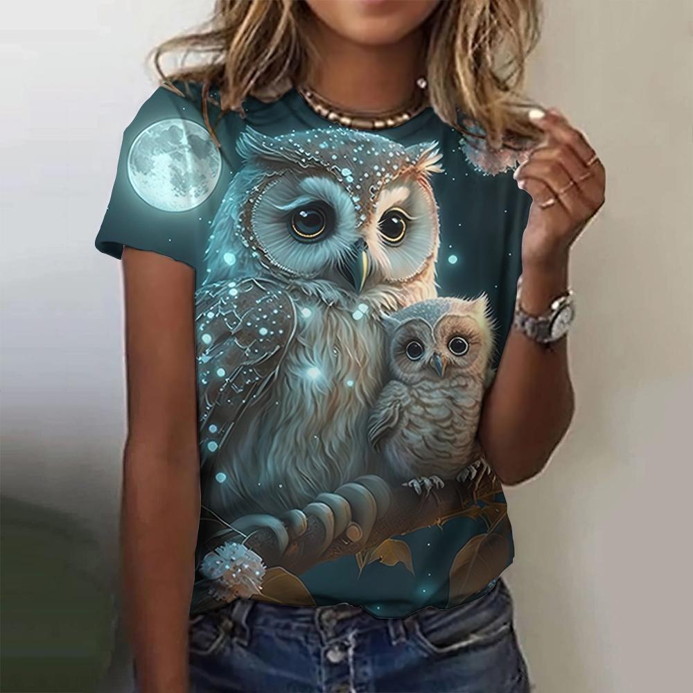 Summer Round Neck 3D Print Owl Pattern Top Fashionable Casual Short Sleeved Women's T-shirts