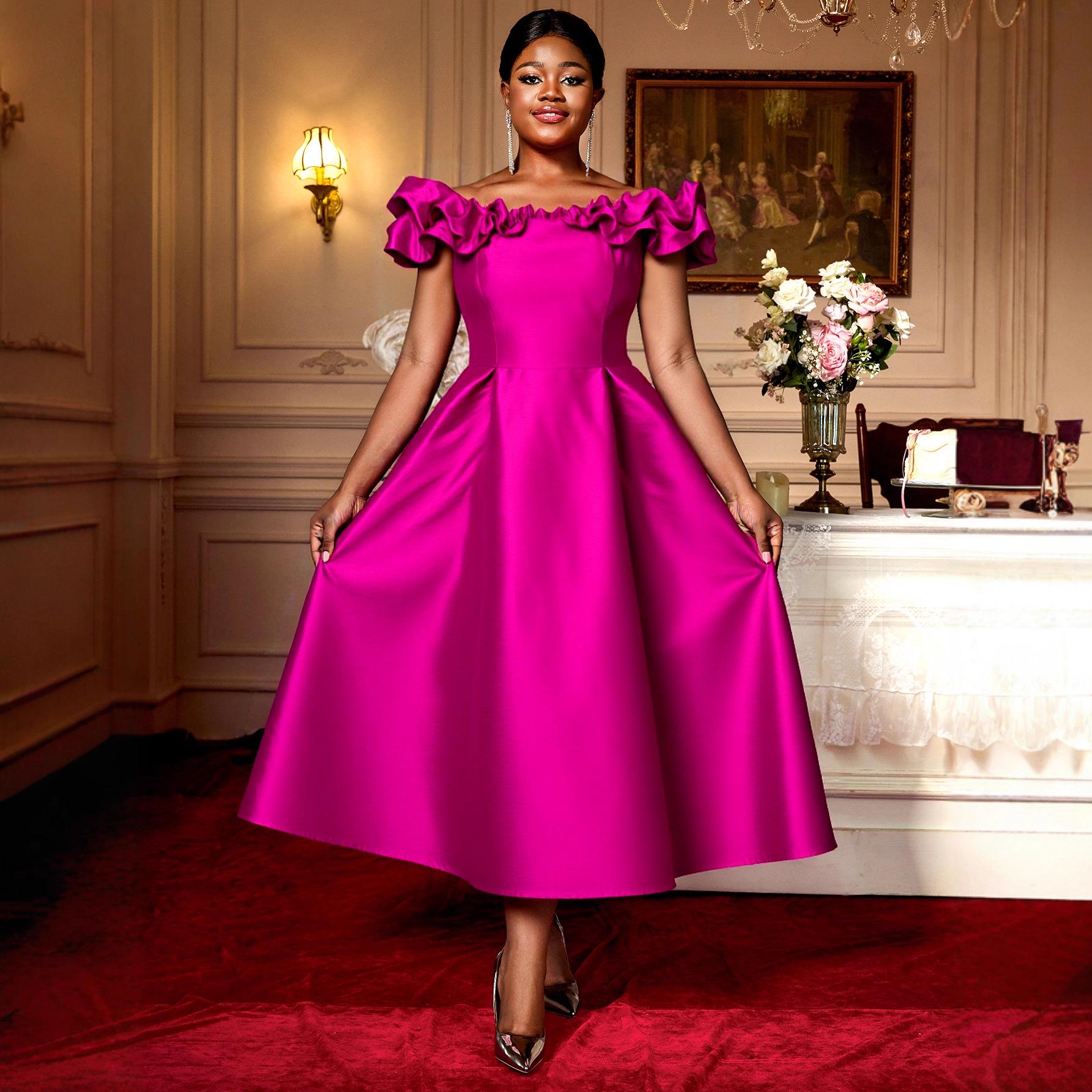 

Plus Size Women s Rose Red Off-Shoulder Ruffle Midi Dress with Fitted Waist and Flared Hem - Elegant Gown 3XL рожевий червоний колір