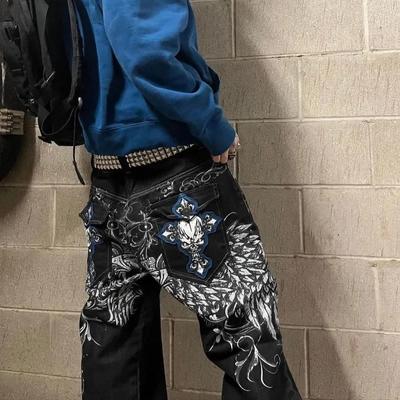 GLYDE Y2k Street High Waist Gothic Skull Geometry Men Jeans American Retro Hip Hop Fashion Couple Straight Loose Pants