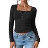 Women's Casual V-neck Buttoned Sexy Slim Ribbed Knit Long-sleeve Top