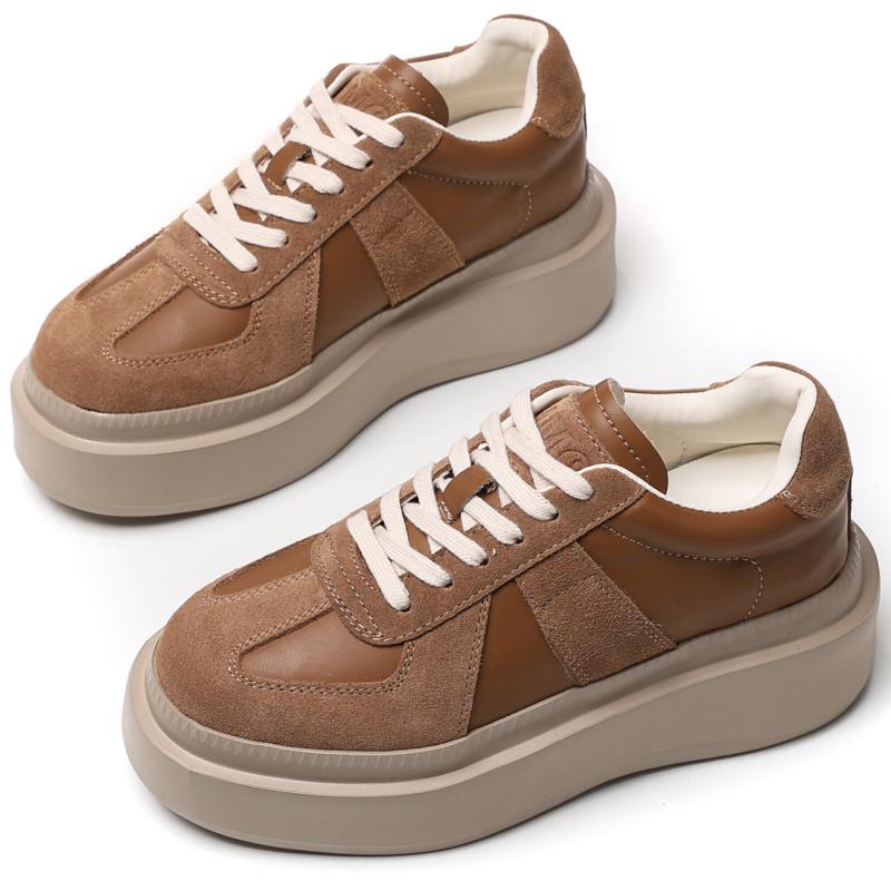 

2024 Autumn Women s Retro German Trainer Thick Sole Leather Canvas Platform Shoes 38 верблюд