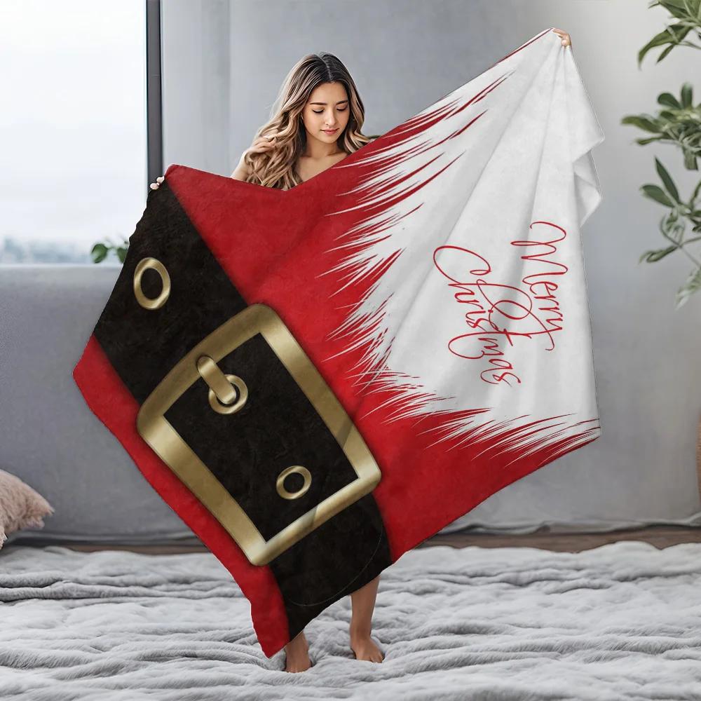 Santa Beard and Belt Fleece Blanket, Red with White Fur Trim Design, Festive Face Pattern for Christmas Sofa Decoration