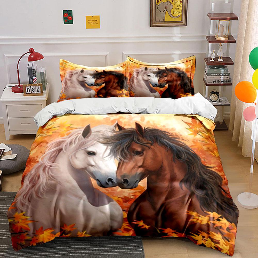 Autumn Horses Decorative Set Soft Skin-Friendly Bedding Set Includes 1 Duvet Cover And 2 Pillowcase Gift