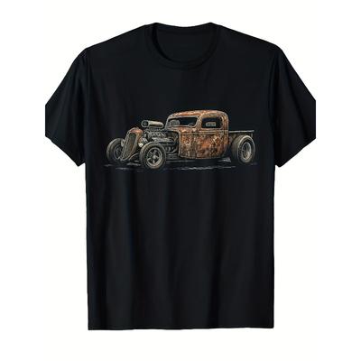 European Sizes Men'S Vintage Rat Rod Rust Bucket Graphic T-Shirt - Retro Hot Rod Car Design, Soft Breathable Short Sleeve Tee for Car Shows