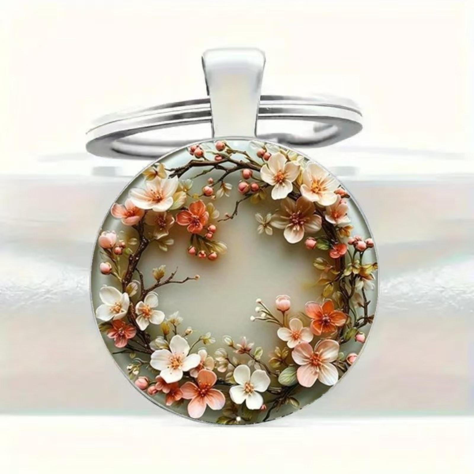 

Round Glass Alloy Keychain with Floral Print Wreath Design Lightweight Pendant for Bags and Keys Durable Accessory for Daily Use One Size