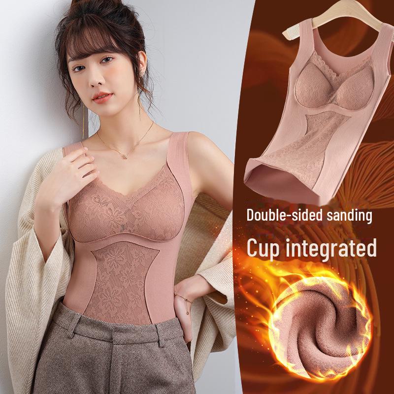 Ladies' Thermal Vest: Double-Sided Brushed Velvet, Seamless Lace, Chest Padding, Plus Size, Autumn/Winter Warmth