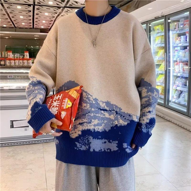 Autumn new American trendy brand printed sweater men s Korean version trendy knitted sweater men s casual jumper men s top 2XL синий