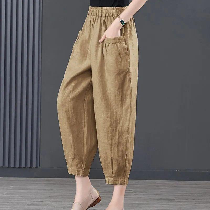Summer Casual Cotton Linen Pants Women Retro Pockets Loose Harem Pants Woman Solid Elastic Waist Trousers Female