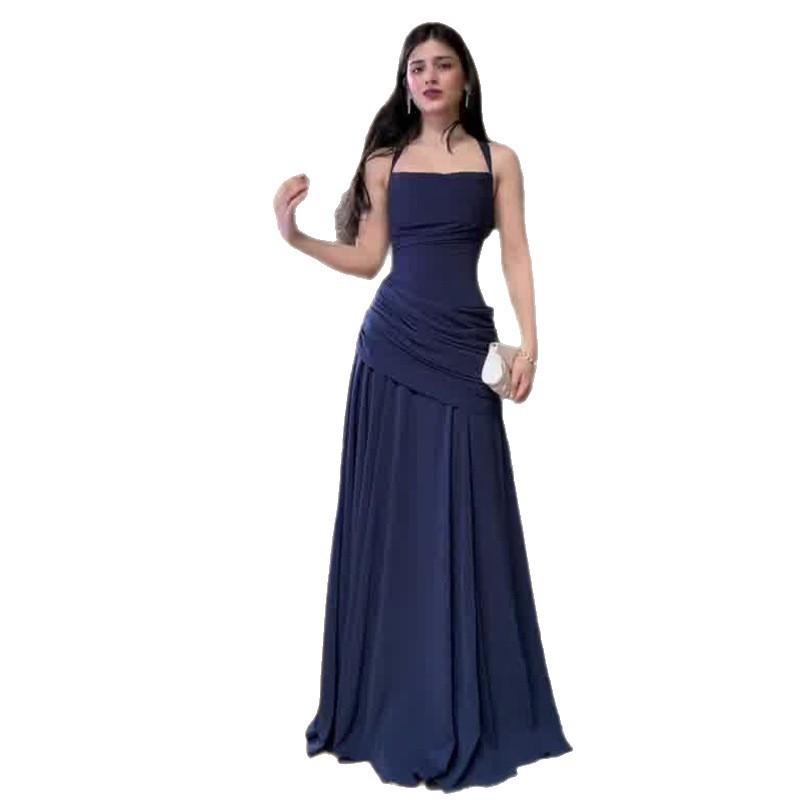 Elegant Deep Blue Wrap-Style Backless Maxi Dress With Ruched Shoulder Straps Slim Fit 2026