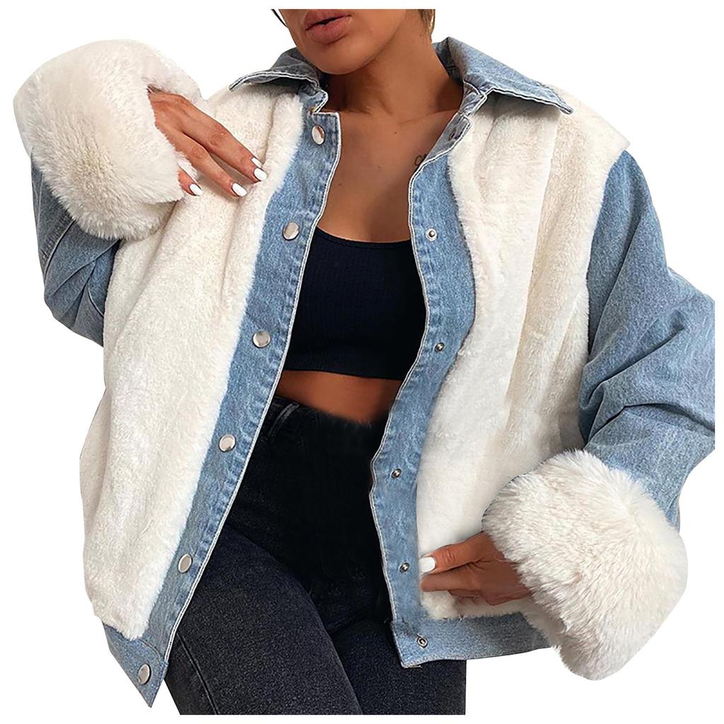 Moda Donna Casual Peluche Patchwork Cardigan Outerwear Giacca di Jeans Cappotto