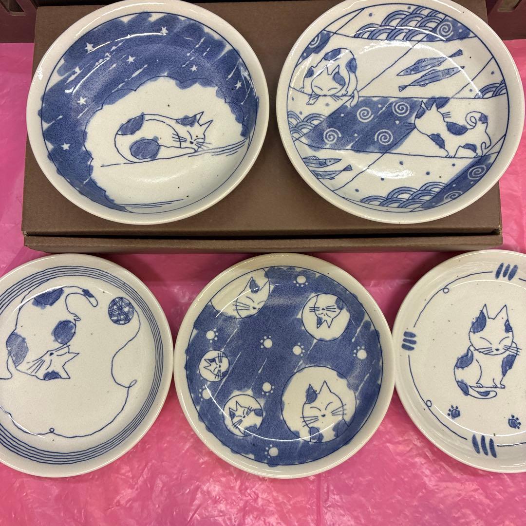 Chizan Kiln Cat Pattern Plate 5-Piece Set Ceramic Japanese Tableware Mino Ware