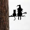 Wall Art Metal Silhouette Witch and Cat Tree Ornament for Fence Garden Lawn