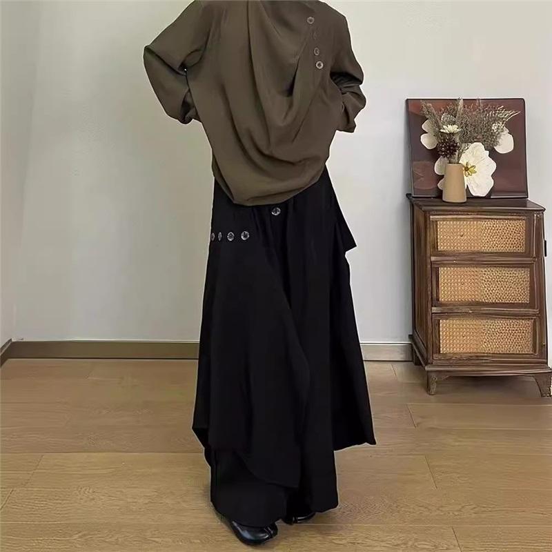 Japanese Irregular Buttons High End Trousers Men's Trousers Design Sense Niche Nine Point Drape Wide Leg Skirt Pants Men