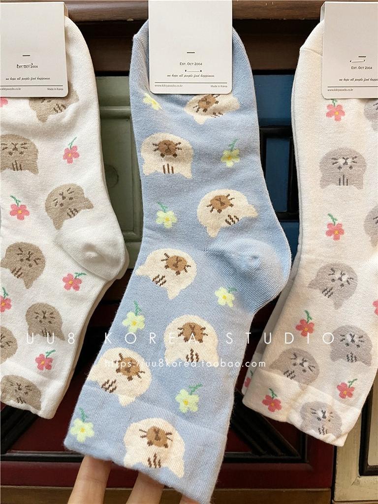 [Cute Mid Tube Cat Print] 1-4Pairs Cartoon Cat Print Socks, Comfort & Cute Mid Tube Socks, Women's Stockings & Hosiery