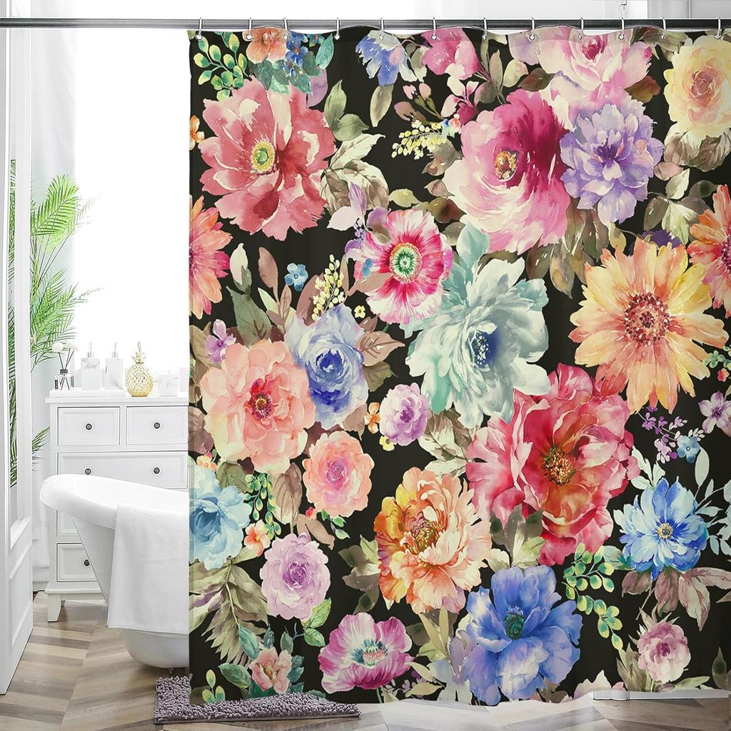Cottage Floral Shower Curtain - Pink/Lavender Butterfly Design, Waterproof Washable Fabric, with Hooks, Modern Farmhouse Decor