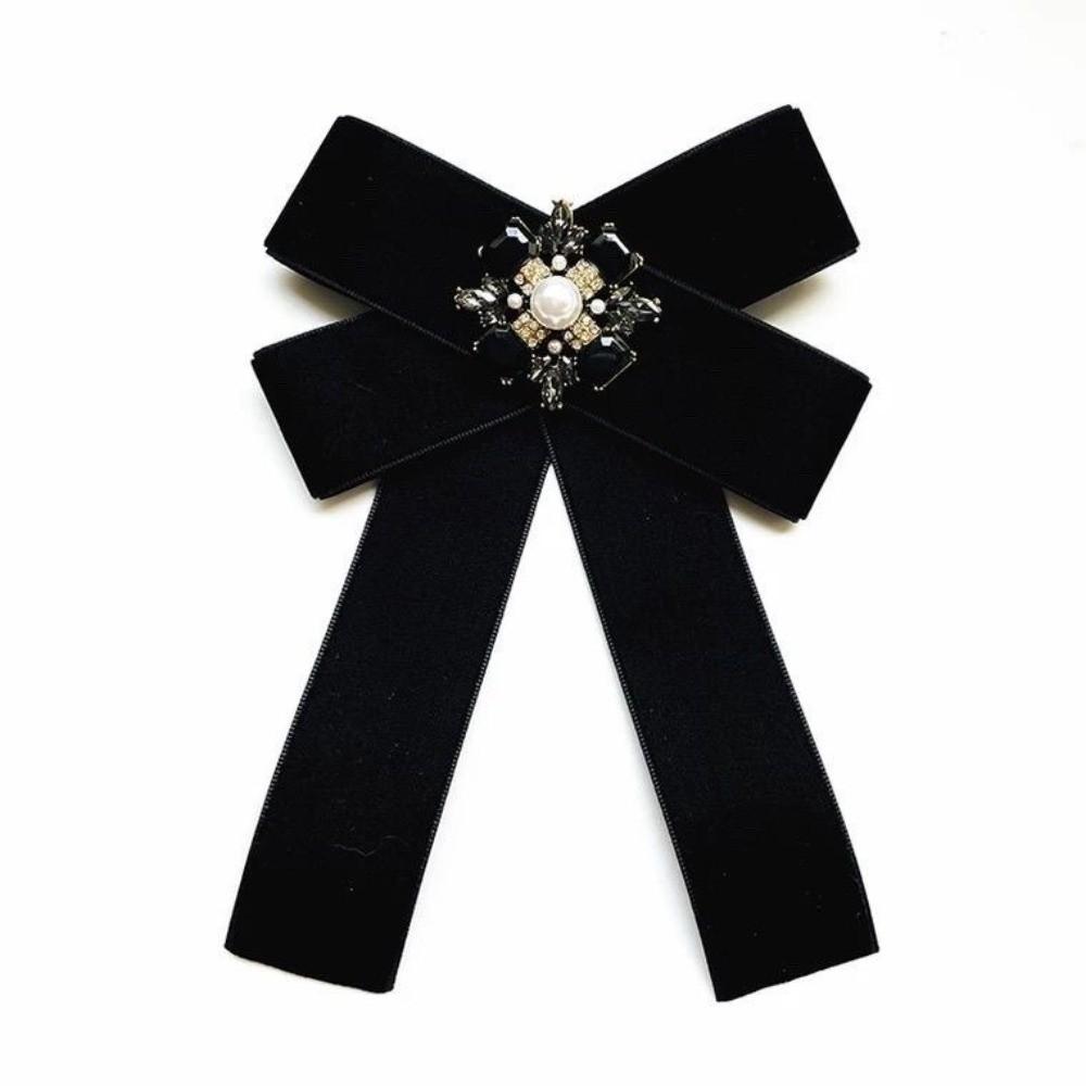 Velvet Memorial Black Bowknot Brooches Crystal Rhinestone Bow Tie Brooches Dress Shirt Accessories