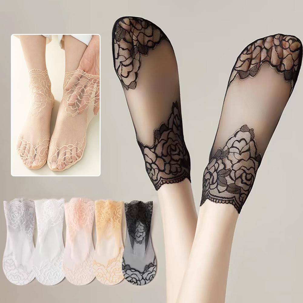 Sommer Damen Spitze Socken Blume Aushöhlen Strümpfe Atmungsaktiv Kühl Mesh Socken Für Weiblich Dünne Transparente Fußsocken Knöchelsocken