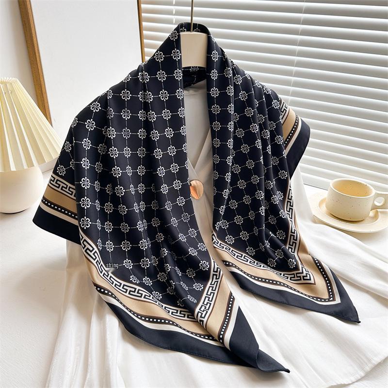 Women's Retro Twill Silk Scarf - 90cm Versatile Shawl for Travel & Sun Protection