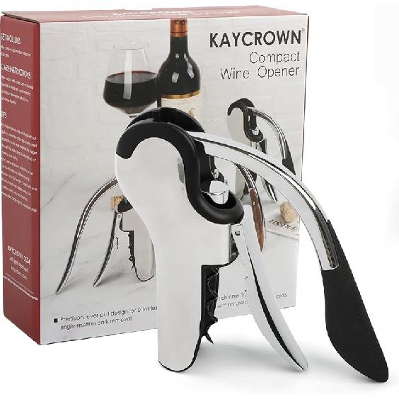 KAYCROWN Stainless Steel Wine Bottle Opener, Vertical Lever Corkscrew with Built-in Foil Cutter Design, Manual Handheld Corkscrew with Ergonomic Anti-slip Handle