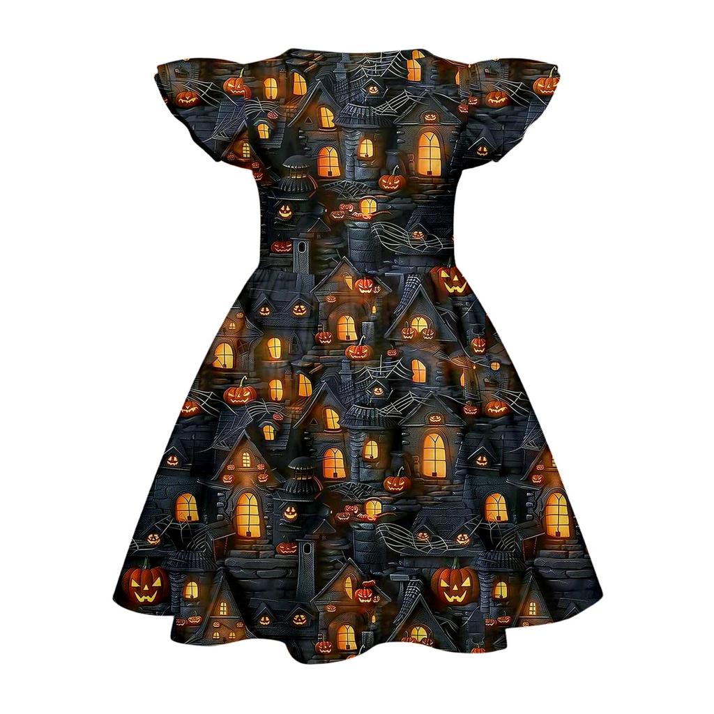 Girls Halloween Casual Round Neck Dress Ruffle Cap Sleeves A-Line Skater Dress Soft Comfortable Fabric Suitable for Daily Wear