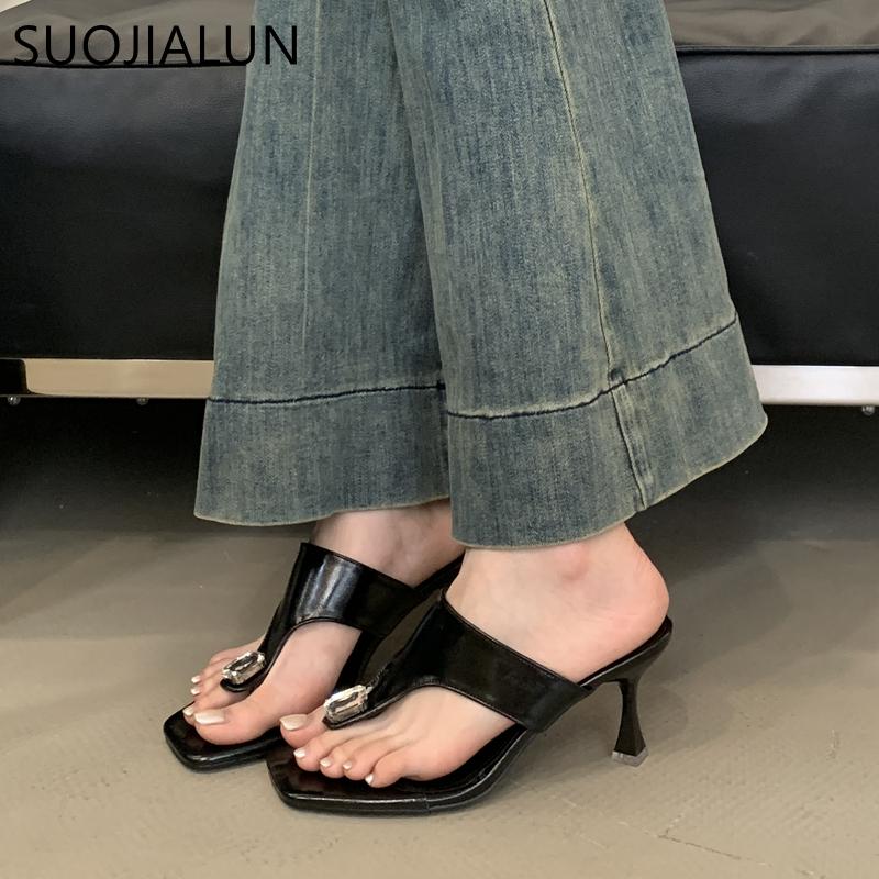 Fashion SUOJIALUN 2025 New Brand Women Slipper Fashion Crystal Slip On Flip Flop Shoes Thin High Heel Elegant Outdoor Dress Sandal Pumps