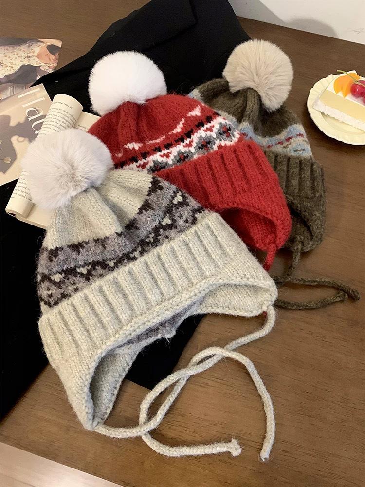 Women's Fair Isle Earflap Woolen Beanie - Thick, Warm, and Trendy for Autumn & Winter.