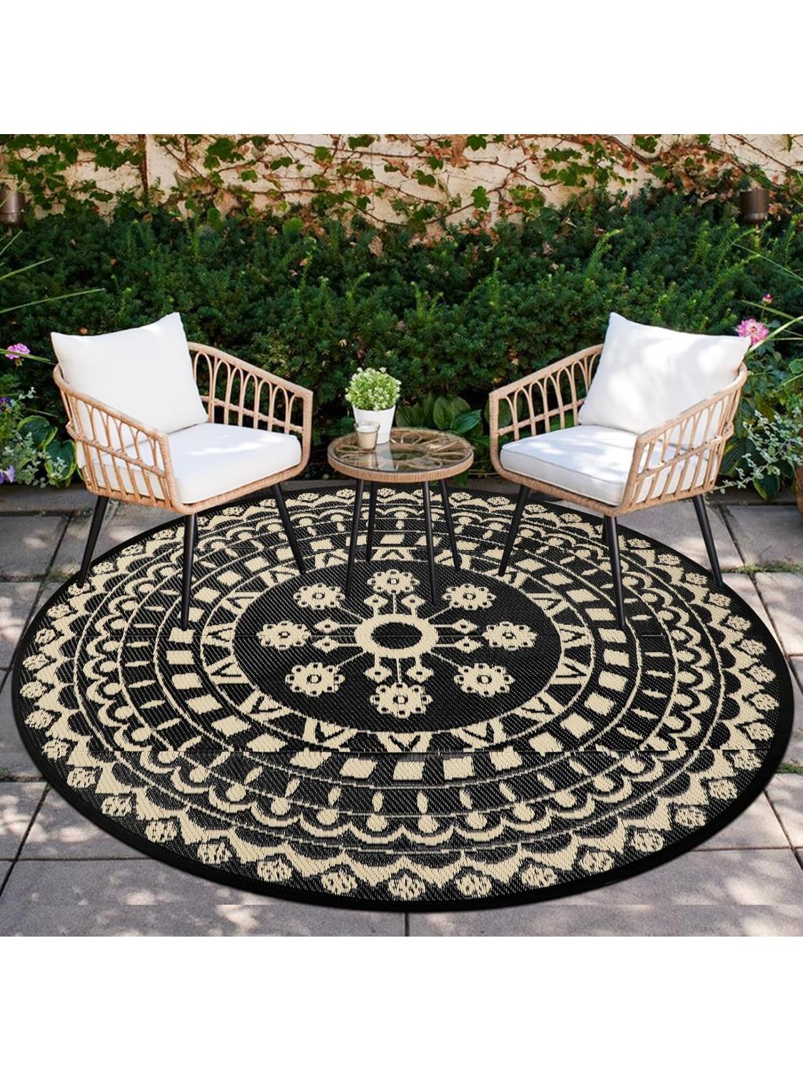 

Round Outdoor Rug for Patio Reversible Mat Waterproof Plastic Straw Rug Boho Circle Indoor Outside Area Rug for RV Camping 60