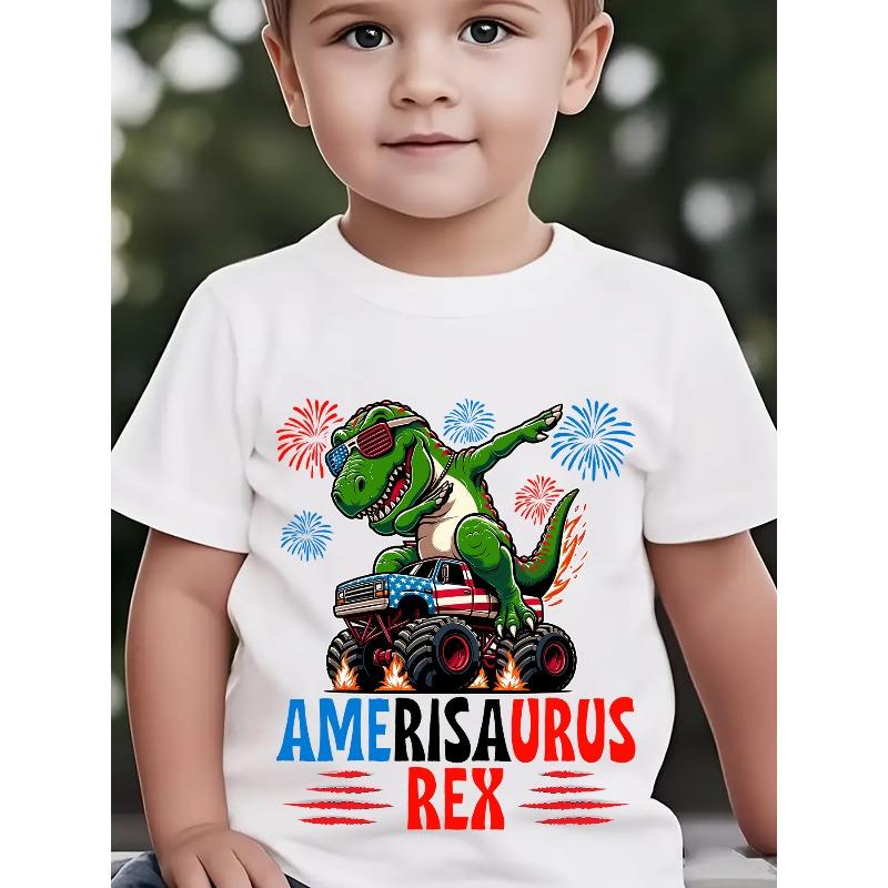 European Sizes American Independence Day Summer Boys' Fashion Short Sleeve T-Shirt, American Flag, Fireworks Elements Cool Dinosaur