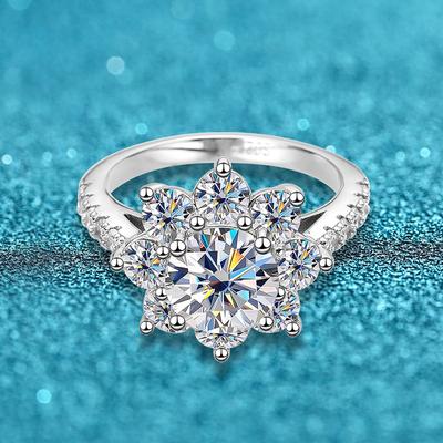 Real D Color Moissanite Sun Flower Ring 2.0CT Lotus Lab Diamond Ring Women Fancy Wedding Band Sterling Silver Lotus Jewelry