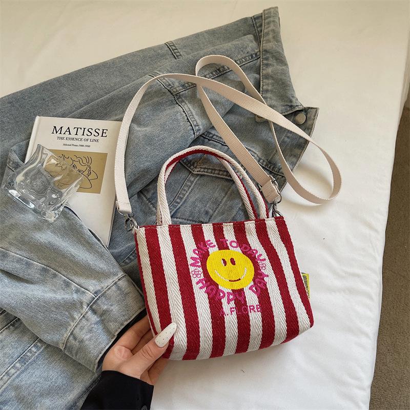 Канвасная сумка-тоут с корейским смайликом: 2025 Полосатая сумка через плечо и на плечо Colorblock красный