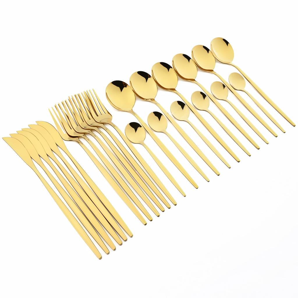 24pcs Black Gold Cutlery Set Mirror Stainless Steel Dinnerware Set Knife Fork Spoon Tableware Flatware Set Dishwasher Safe Kitchen Wedding Accessories