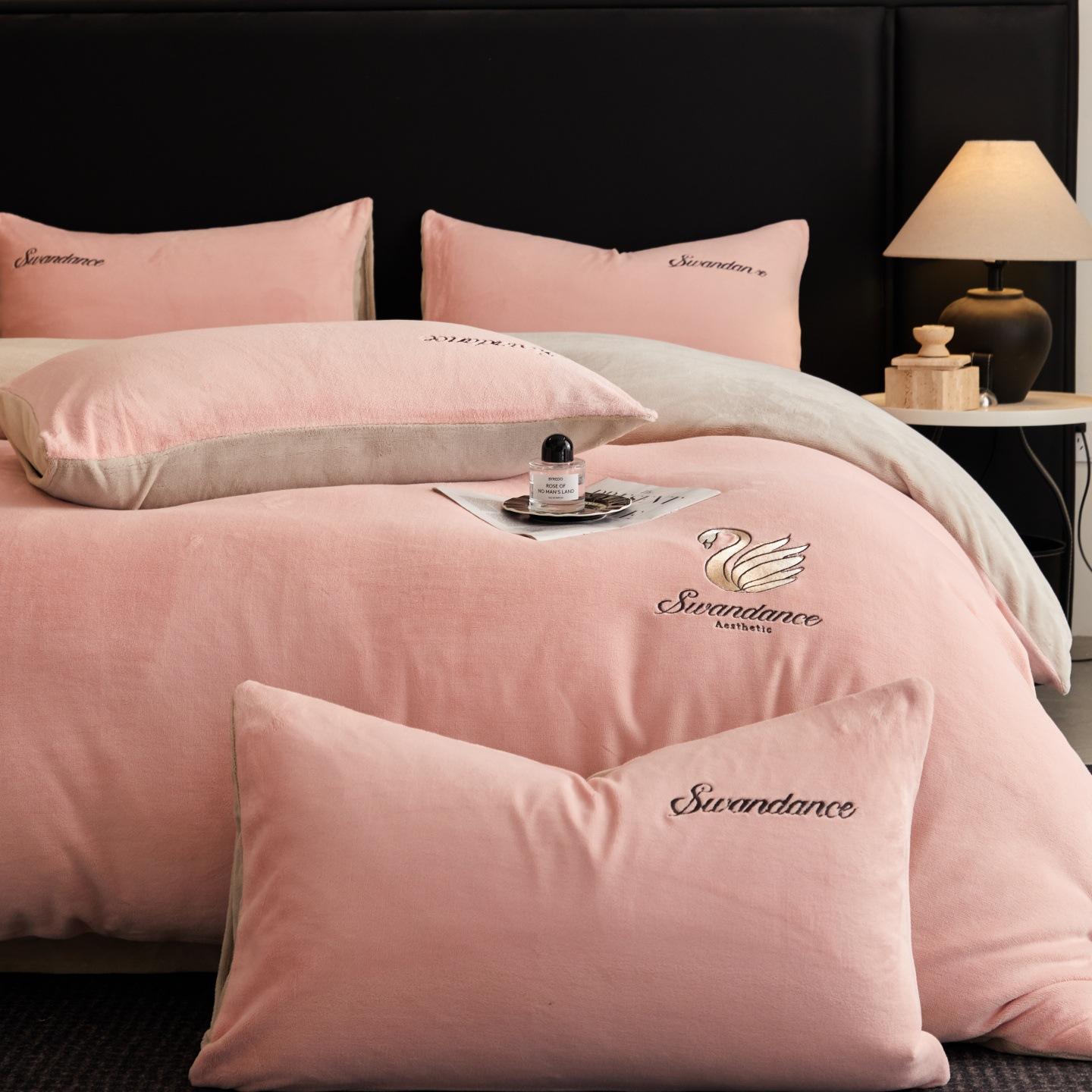 

Thickened Milk Fleece Embroidered Swan Four-Piece Set 1.2M Bed Sheet Three-Piece Set 1.2m sheet 3pc