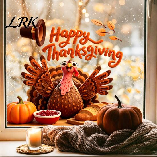 Easy Apply Window Paster Autumn Thanksgiving Turkey Static Sticker, Decorative Removable PVC Decals, Fall Holiday Home Decor Harvest Theme Wall Clings