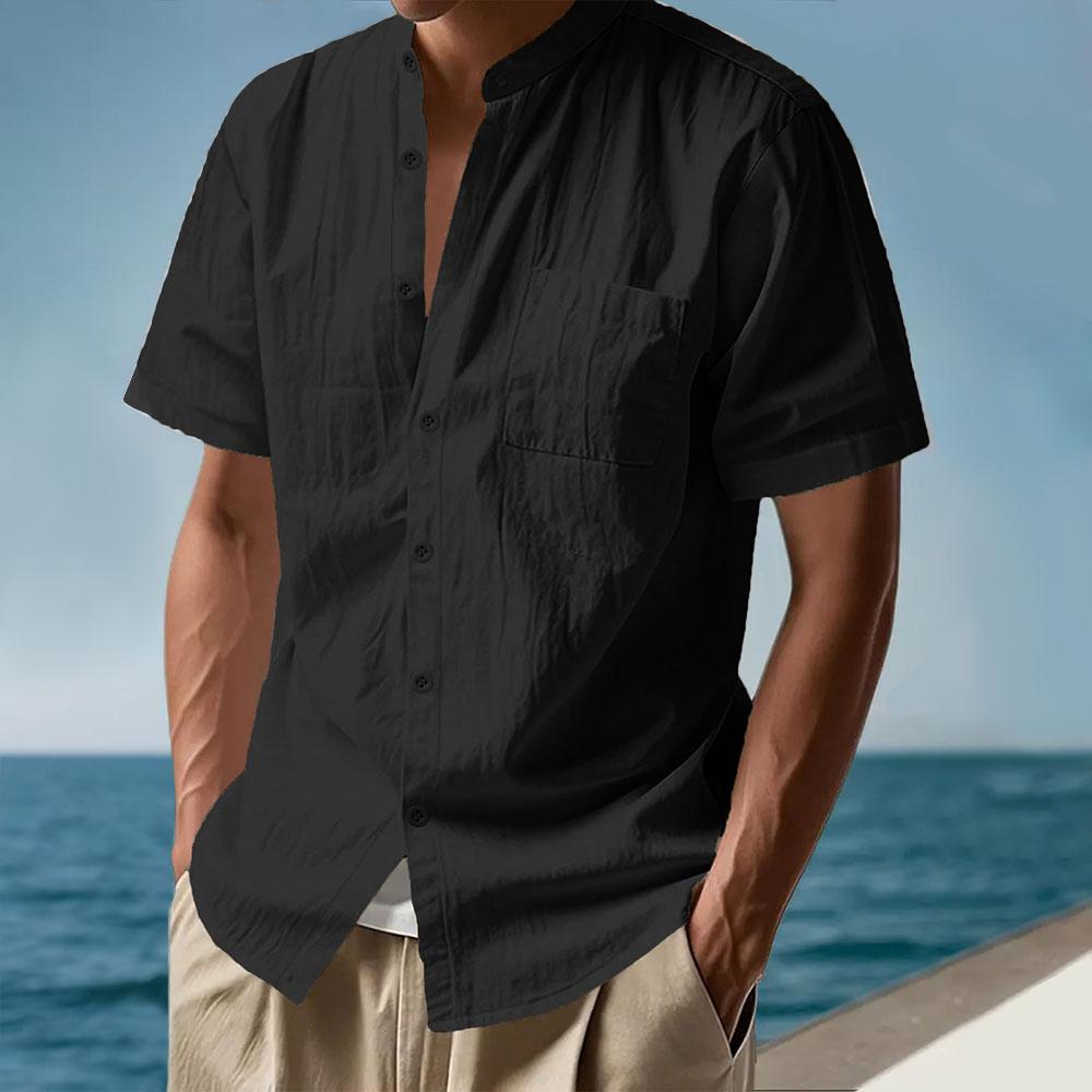 Літня чоловіча сорочка з коротким рукавом однотонна повсякденна на один ґудзик бавовняно-лляна дихаюча легка чоловіча базова стильна сорочка