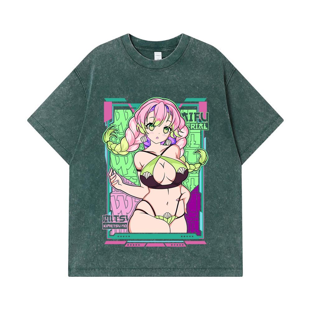 275 GSM Washed T-shirts 100% Cotton Demon Slayer V53 Mitsuri Waifu Print Unisex Heavy Cotton T Shirt