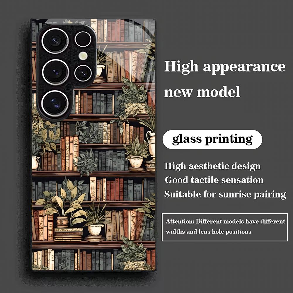 Fashion Bookshelf Tempered Glass Phone Case Suitable for Samsung GalaxyS26 S25 S24 S23 S22 S20FE/Ultra/Plus Anti Drop Back Cover