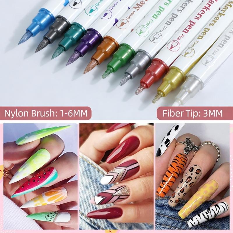 10PCS Professional Double Tip Nail Art Pens Quick Drying Waterproof Nail Art Markers for Creative Drawing and Coloring