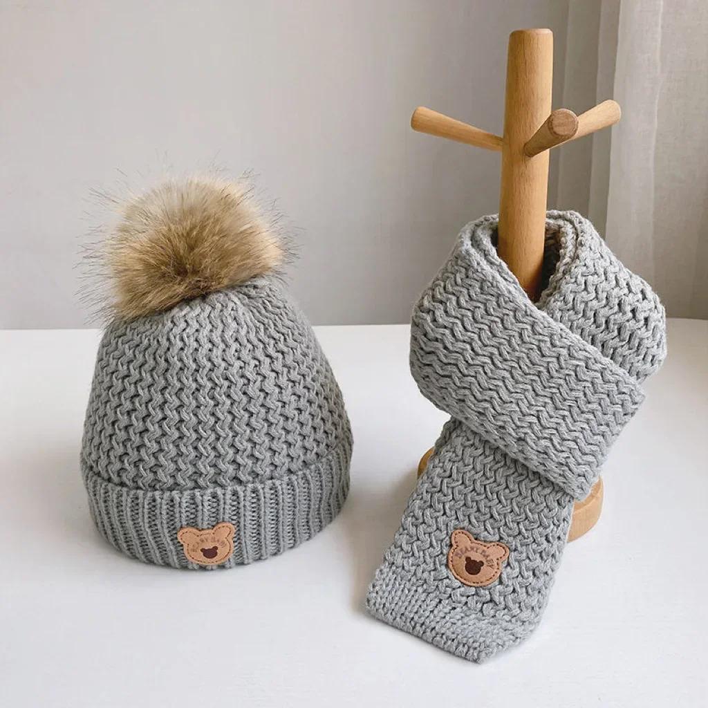 Autumn Winter 2Pcs Newborn Baby Hats Scarf Acrylic Cute Bear Beanies Warm Infant Knitted Hats For Baby Boys Girls 0-6 Years Old