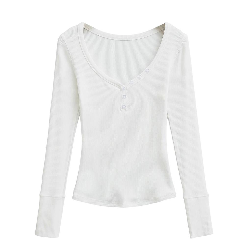 Spicy Girl Ribbed Peach V-neck Buttoned Slimming Long-sleeve T-shirt for Women - Spring 2025 Collection