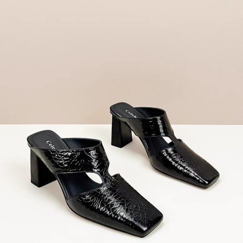 Fashion 2025 Summer New Women's Sandals Natural Leather 22-24.5cm Cracked Cowhide Sheepskin Square Toe Mules High Heel Women Shoes