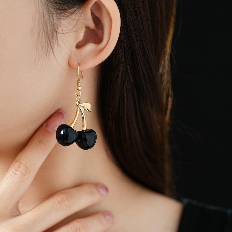 Metal Leaves Resin Cherry Geometric Dangle Earrings for Women New Simple Trend Design Zircon Party Accessories DIGADAGU