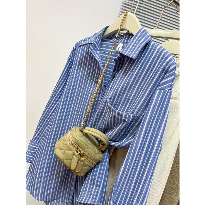 

Женская синяя полосатая рубашка с длинными рукавами — коллекция весна-лето 2024 во французском стиле 2XL