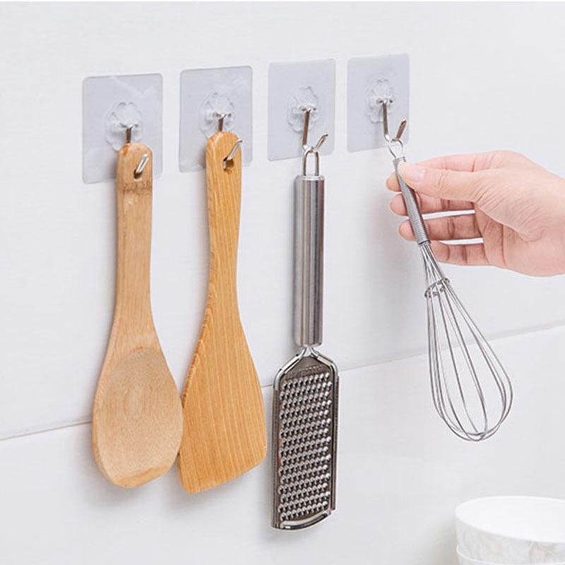 100-10PCS Transparent Stainless Steel Self-Adhesive Hooks Bathroom Towel Clothes Storage Sticker Hooks Key Hangers Storage