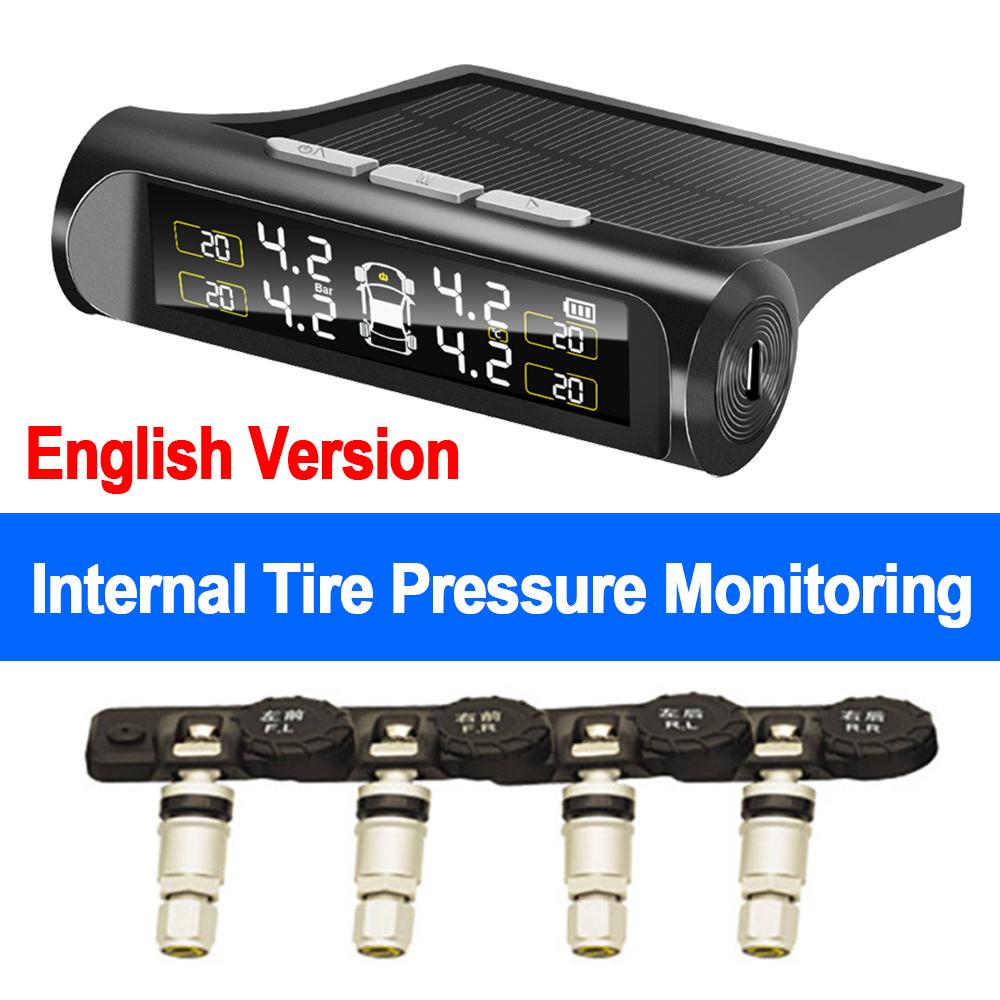 TPMS Tyre Pressure Monitoring System Solar Power LCD Display with 4 Internal/External Sensor  Waterproof Temperature Warning