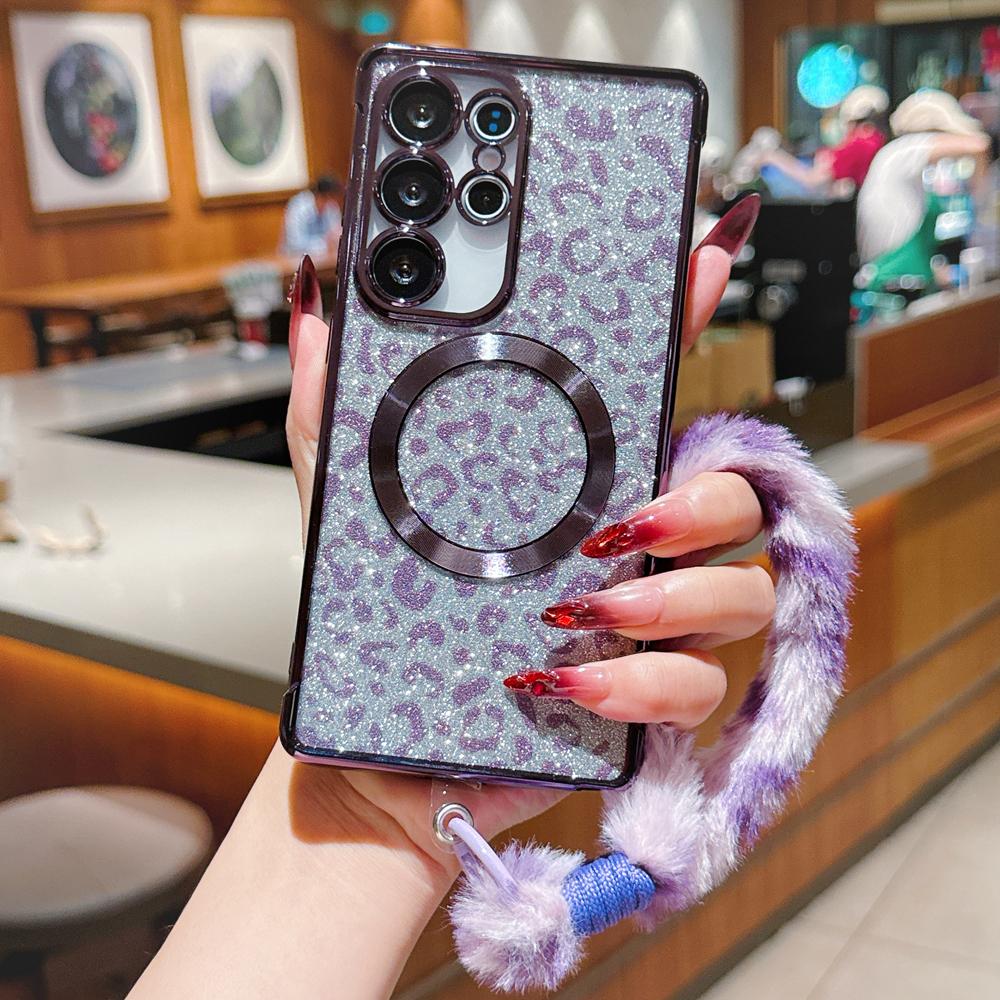 KEYSION Glitter Leopard Print Magnetic Phone Case for Samsung Galaxy S21 S22 S23 S24 S25 S26 Ultra S26+ S25 FE With Plush Lanyard Shockproof Cover