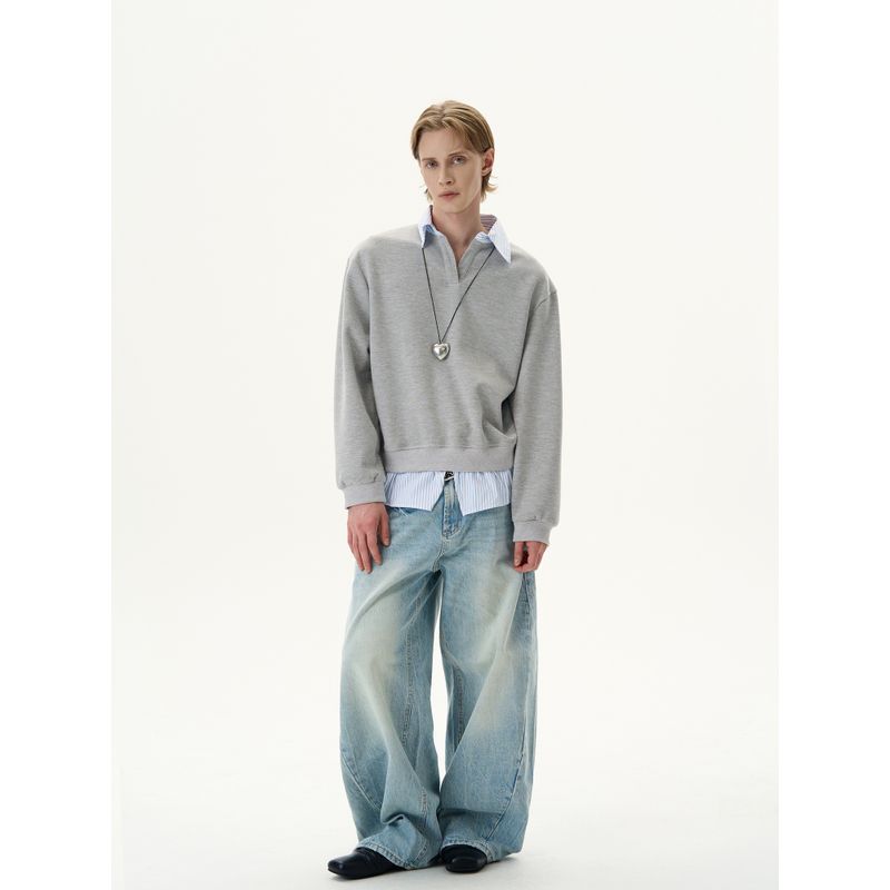 Kisko American-Style High-Fashion Two-Piece Spliced V-Neck Gray Sweatshirt for Men and Women, Niche Design, Loose Casual Top