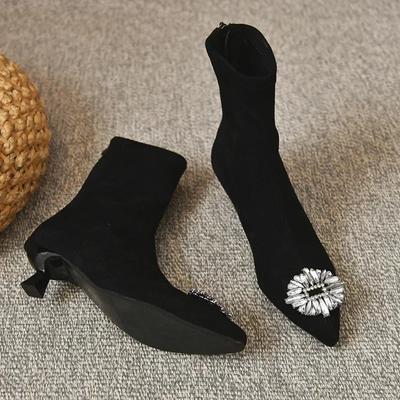 2025 Vente Chaude Nouvelles Bottines pour Femmes Talon Moyen Chaussures d'Hiver Noires Bout Pointu Bottines Strass Chaussures Formelles pour Femmes