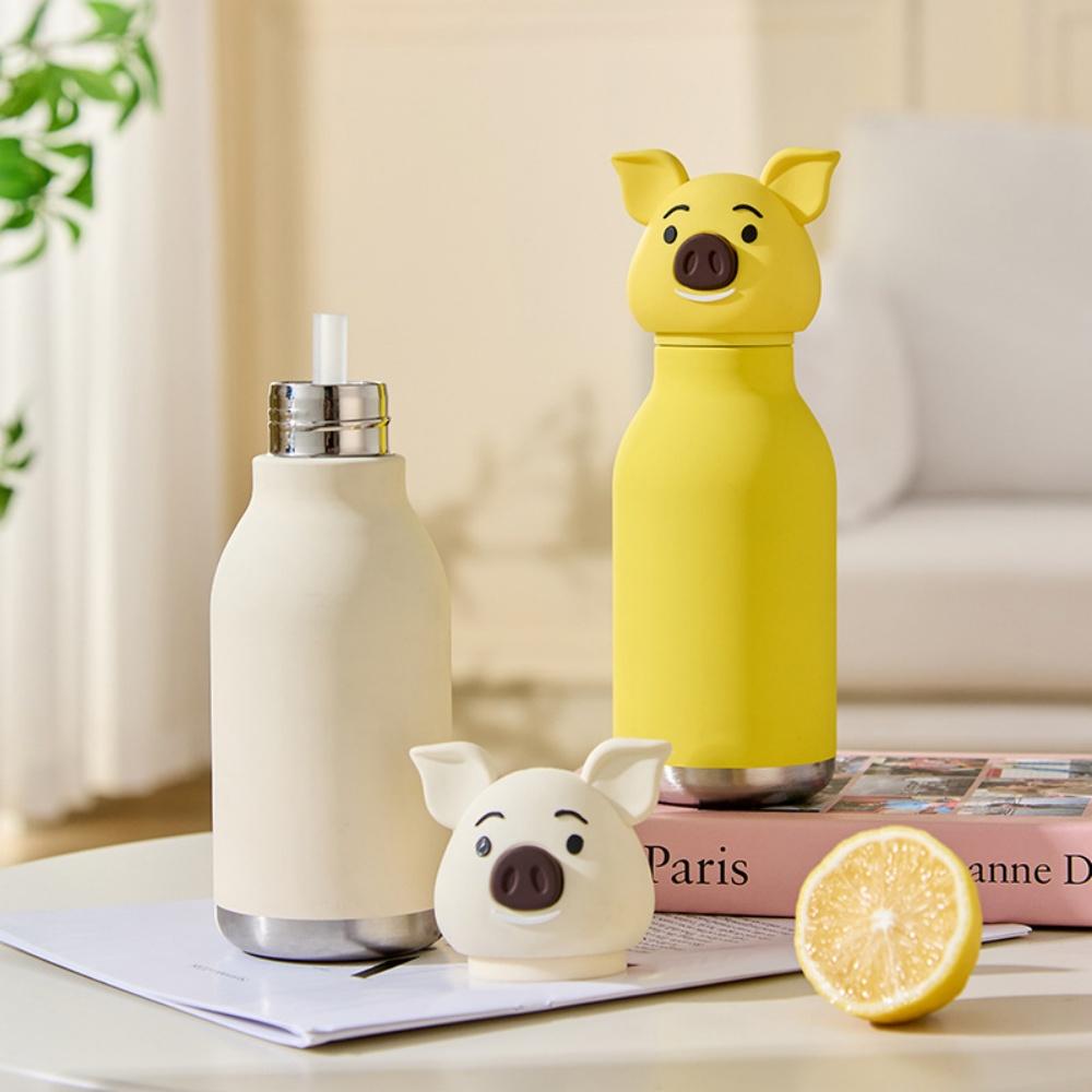Insulated Stainless Steel Water Bottle with Detachable Soft Animal Head Fun Drinking For Kids with Flexible Reusable Straw (Pig)