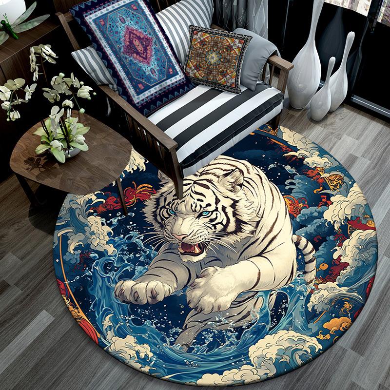 Tiger in Waves Round Area Rug,Carpet Rug for Living Room Bedroom Sofa Playroom Decor,Non-slip Floor Mat