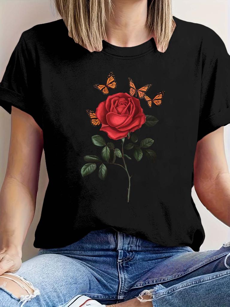 Fashionable elegant T-shirt with artistic graphic of roses and butterflies plus size for aUnisextes of the romantic style